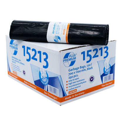 Em uma caixa branca com a inscrição "15213" da empresa EMIL DEISS KG (GmbH + Co.) encontram-se sacos de lixo reciclados LDPE DEISS Premium Plus® Tipo 60 pretos, 120 litros, tamanho 700 x 1100 mm. Contêm 25 unidades, são fáceis de abrir, são especialmente resistentes ao rasgo e são fabricados de forma neutra para o clima na Alemanha.