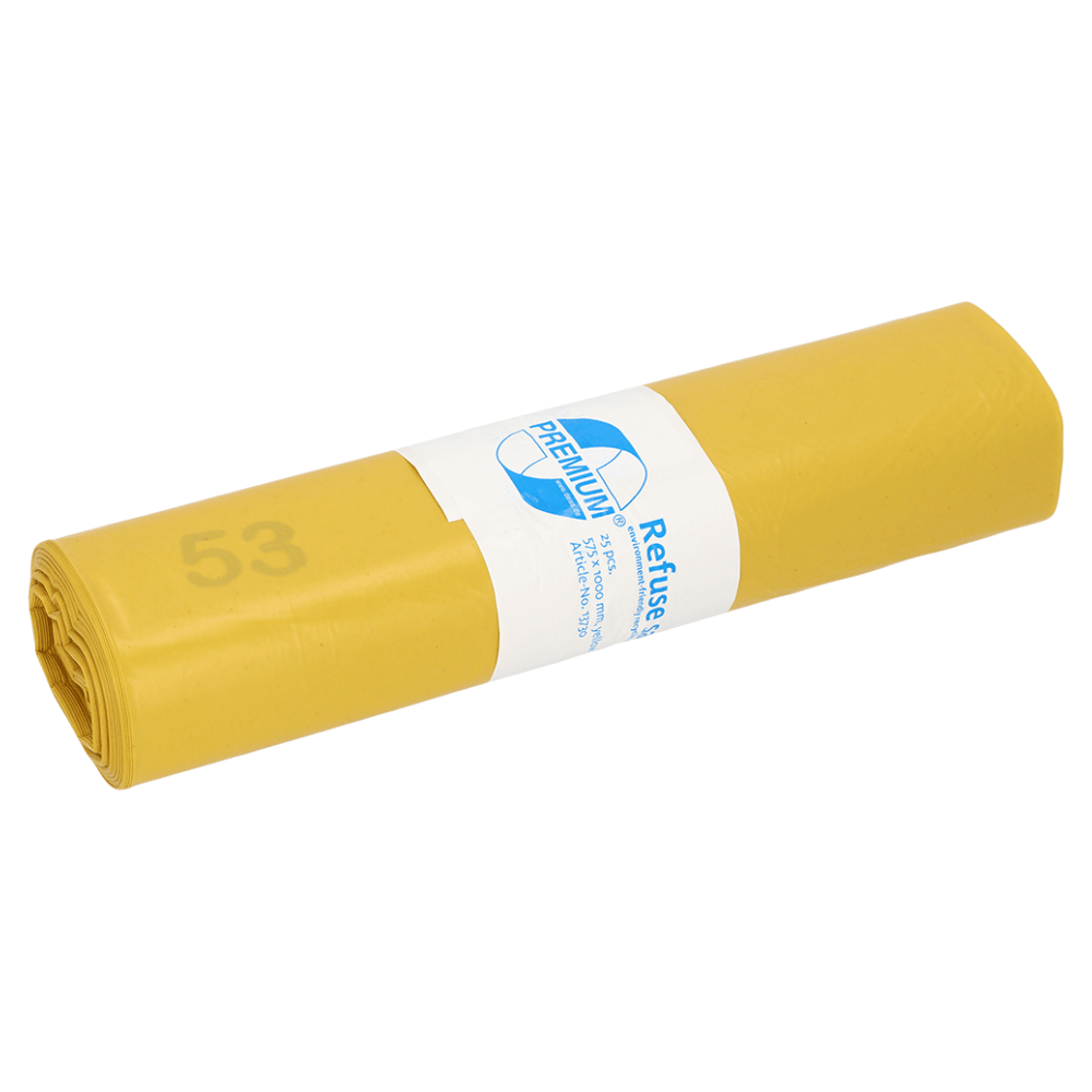 Um saco de lixo amarelo da linha DEISS Premium 13730, conhecido por sua alta resistência ao rasgo, possui uma faixa branca com logotipo azul e a palavra "Premium". Na camada externa, o número 53 está impresso, destacando a alta qualidade de reciclagem do material. O produto da EMIL DEISS KG (GmbH + Co.) é fornecido em rolos de 25 sacos cada, tem as dimensões de 575x1000 mm, é feito de LDPE e tem uma capacidade de 70 litros.