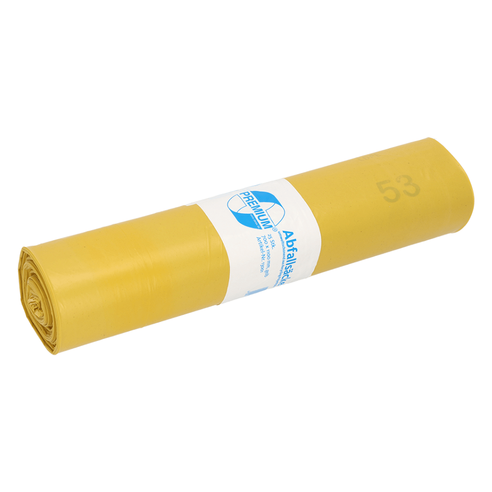 Um saco de lixo amarelo enrolado DEISS 13001 da EMIL DEISS KG (GmbH + Co.) com uma etiqueta envolvida ao seu redor. A etiqueta contém um logotipo e um texto, mas os detalhes específicos não são claramente visíveis. O saco com uma capacidade de 120 litros está claramente marcado como Tipo 60 e sublinha o seu papel como material de reciclagem importante.