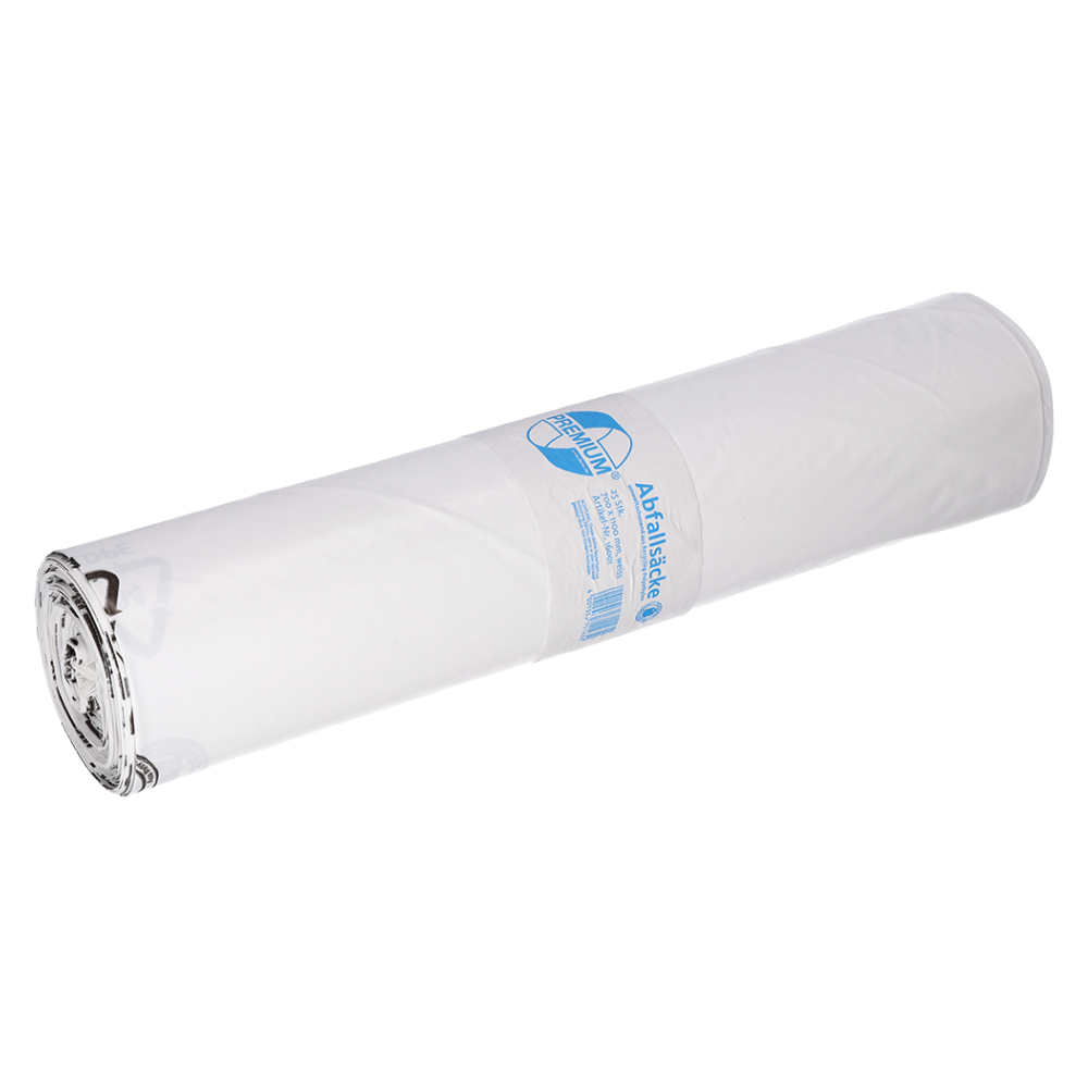 Um saco de lixo de plástico branco enrolado da EMIL DEISS KG (GmbH + Co.) com uma etiqueta azul, onde está ilustrado o modelo DEISS 16001 - 700x1100 mm Tipo 60. A etiqueta orgulha-se da sua capacidade de 120 litros e destaca o compromisso da marca com o uso de materiais reciclados. Cada rolo contém 25 unidades.