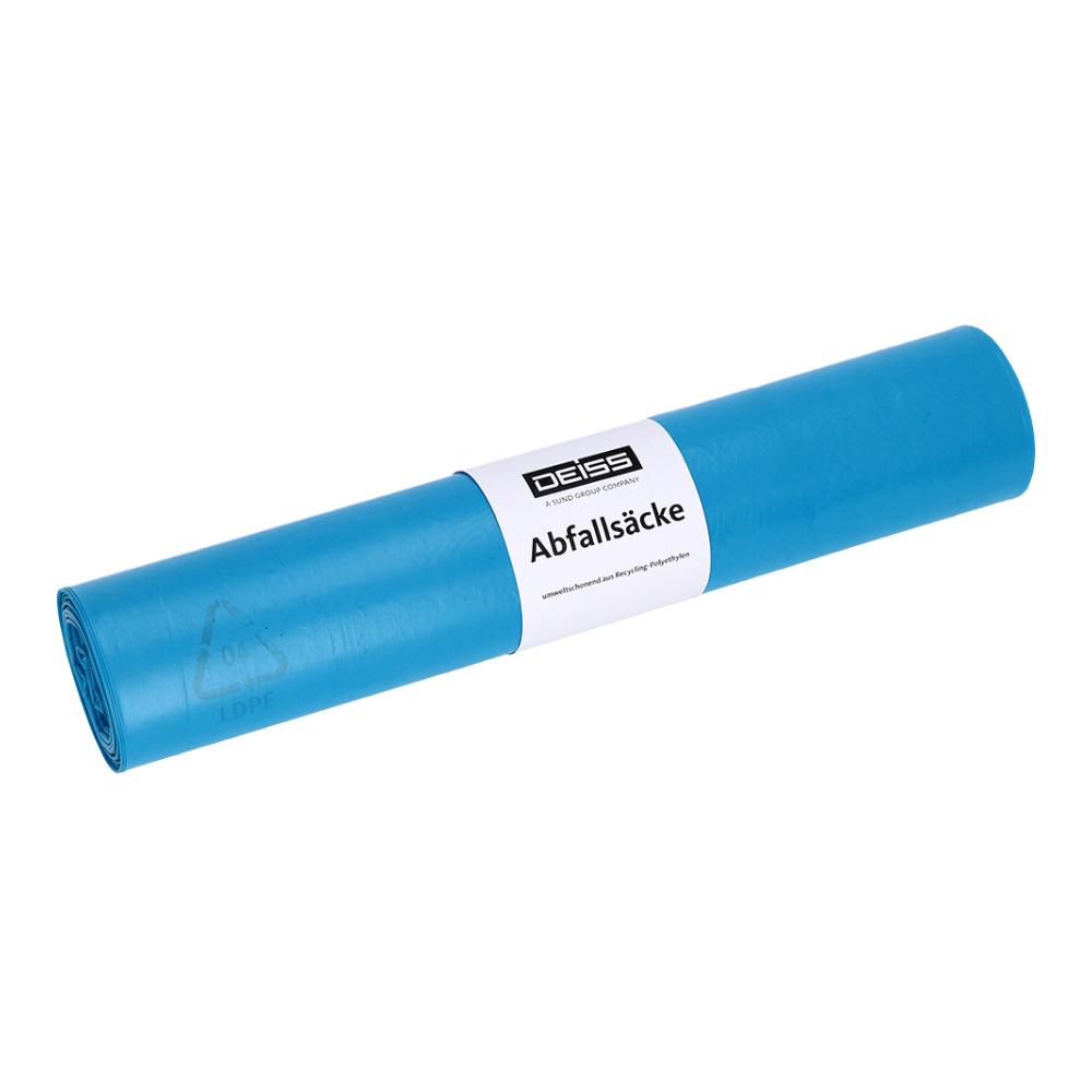 Um rolo de sacos de lixo de plástico azul, com uma etiqueta branca com o nome da marca EMIL DEISS KG (GmbH + Co.) e "Sacos de Lixo", é feito de LDPE reciclado. Estes sacos de lixo DEISS Standard® 90288 LDPE Tipo 60 garantem durabilidade e respeito pelo ambiente com a sua certificação Blauer Engel.