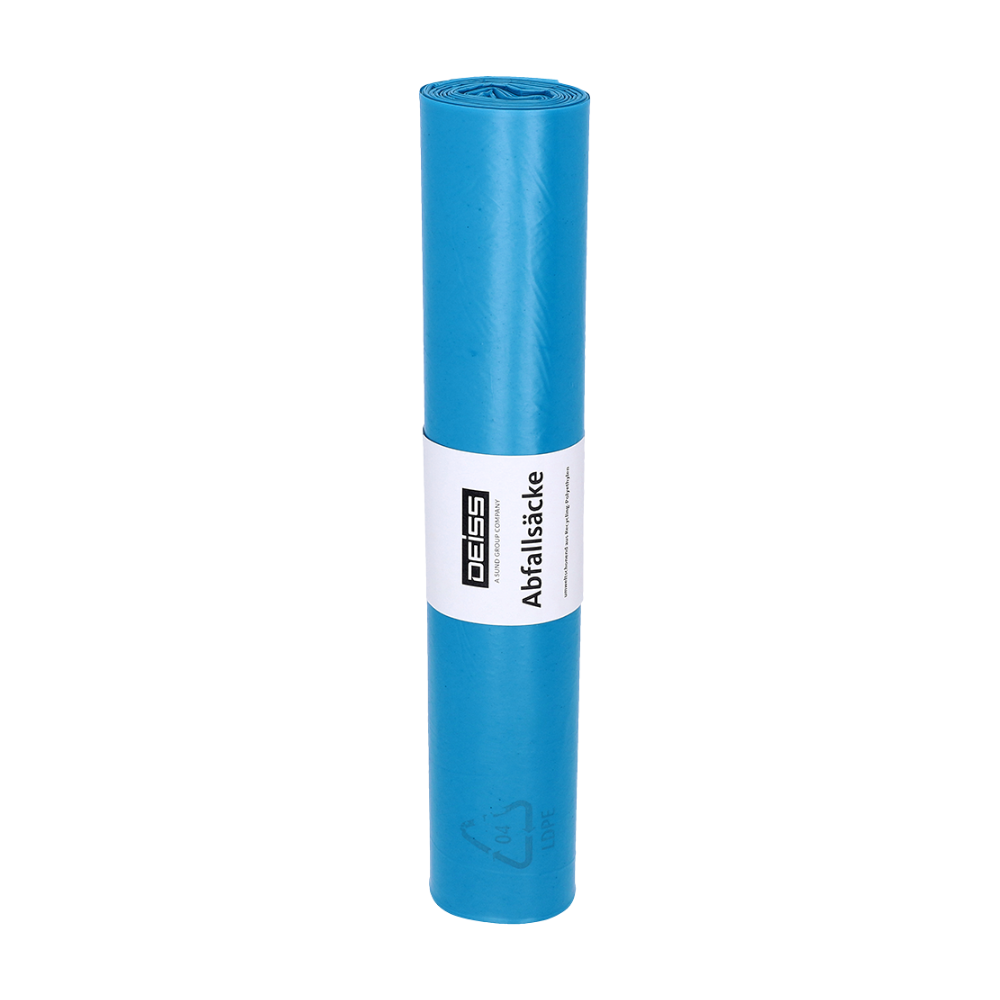 Um saco de lixo DEISS Standard® azul enrolado feito de LDPE com uma etiqueta branca com texto e logotipo que indica a certificação ambiental Blauer Engel.