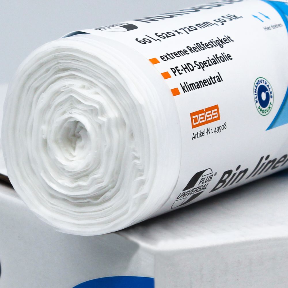 É exibido um rolo de sacos de lixo DEISS Universal Plus® de 60 litros, modelo 49908, da EMIL DEISS KG (GmbH + Co.). A embalagem destaca-se por características como resistência extrema ao rasgo, construção em filme especial de HDPE e neutralidade climática. Além disso, está equipada com um logotipo de certificação de sustentabilidade que garante respeito pelo meio ambiente sem comprometer a resistência.