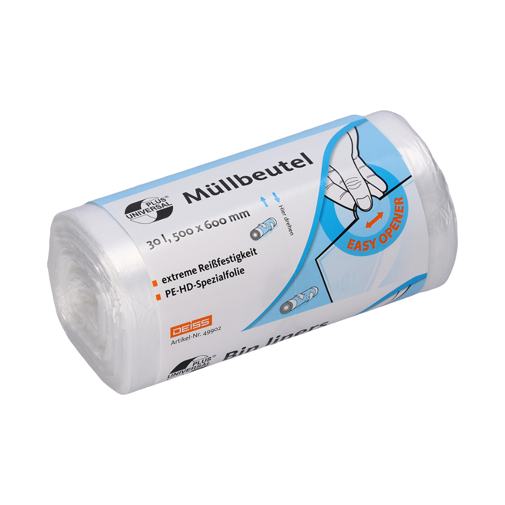 Um rolo de sacos de lixo DEISS Universal Plus®, 49902 - 30 litros da EMIL DEISS KG (GmbH + Co.) é entregue em uma embalagem que destaca suas especificações, incluindo dimensões de 30 litros e 500 x 600 mm. Cada saco é feito de filme especial PE-HD e possui uma resistência extraordinária ao rasgo. Uma imagem na embalagem mostra a função de fácil abertura Easy-Opening.