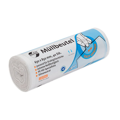 O saco de lixo DEISS Universal Plus® 80 litros, 46928 da EMIL DEISS KG (GmbH + Co.) é um rolo com sacos de lixo resistentes com a inscrição "Müllbeutel", com dimensões de 630 x 850 mm e uma quantidade de 40 unidades por rolo. A embalagem contém uma imagem que destaca um design Easy-Opener e oferece informações sobre o material para facilitar o uso.