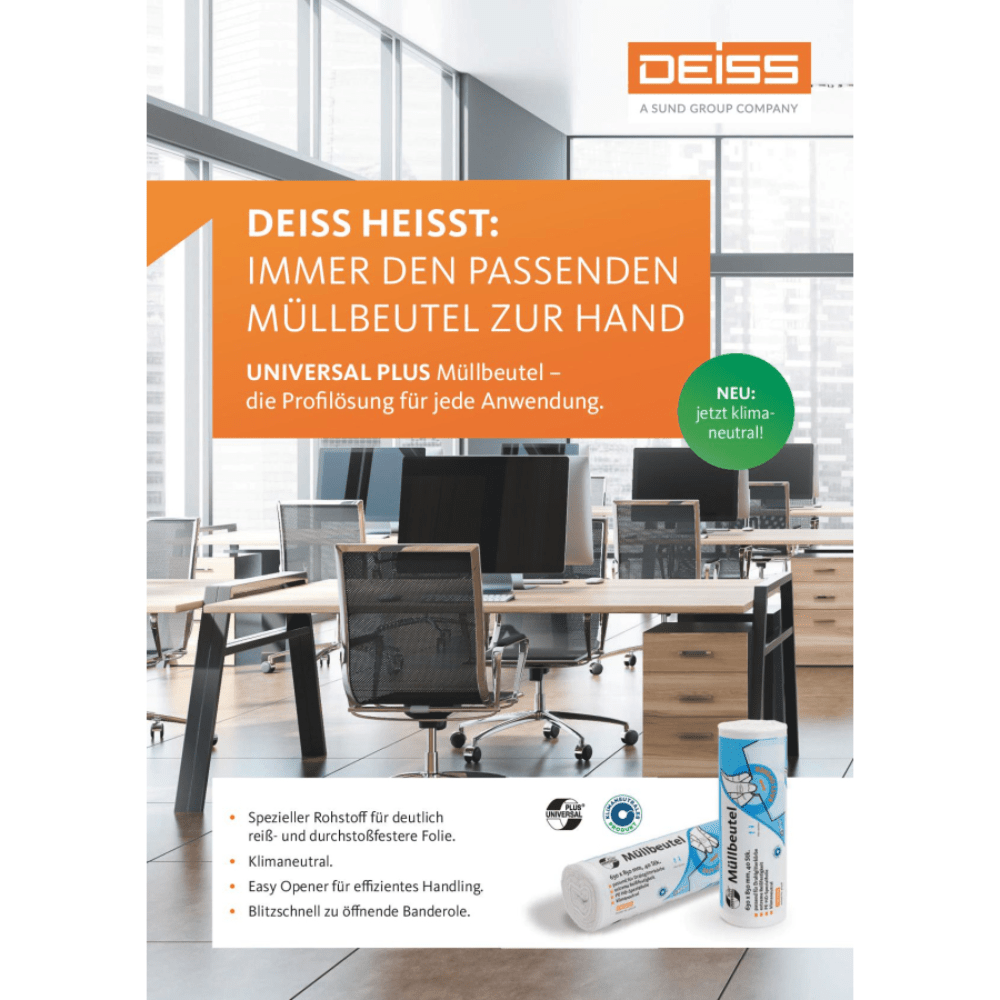 É mostrado um espaço de escritório com mesas e cadeiras. Em primeiro plano, há um anúncio que apresenta os sacos de lixo DEISS da EMIL DEISS KG (GmbH + Co.). O anúncio destaca suas vantagens neutras em carbono e design amigável. Na parte inferior, são apresentadas várias dimensões de produtos, incluindo os sacos transparentes DEISS 49801 de 60 litros, disponíveis em pacotes de 20.