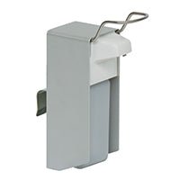 O dispensador de desinfetante Novocal (1 peça) tem um corpo retangular de metal e plástico, uma tampa articulada, uma alça de fio de aço e um clipe lateral - ideal para a desinfeção higiénica das mãos em áreas públicas.