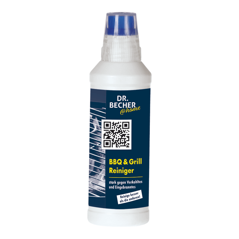 Uma garrafa branca com rótulo azul da marca „Dr. Becher GmbH“. O rótulo contém um código QR e o texto „DR.BECHER @home BBQ & Grill Reiniger Gel | Garrafa (500 ml)“ em amarelo, destacando assim a eficácia como limpador de grelhas contra resíduos queimados e sujidades fortes.