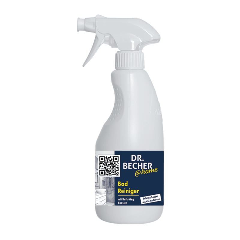 Uma garrafa de spray branca com a inscrição „DR.BECHER @home Limpador de Banheiro | Garrafa (500 ml)“ e um rótulo azul escuro e amarelo. O rótulo contém um código QR, uma imagem de um banheiro e um texto em alemão que indica que se trata de um limpador de banheiro altamente eficaz contra manchas de calcário e água. A garrafa possui um bico de spray da Dr. Becher GmbH.
