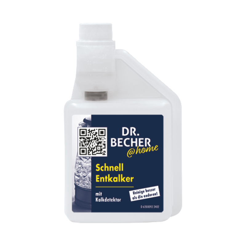 Uma garrafa branca com o rótulo "DR.BECHER @home Descalcificador Rápido | Garrafa (500 ml)". O rótulo mostra um código QR, o nome do produto em letras amarelas e uma imagem de um fervedor de água. A garrafa tem uma medida integrada para despejar e promete ser suave para os materiais.
