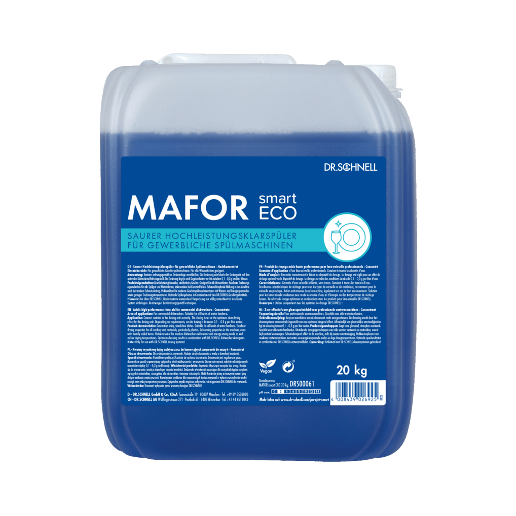 Ein 20 kg-Gebinde Dr. Schnell MAFOR smart ECO der DR.SCHNELL GmbH & Co. KGaA, einem umweltfreundlichen blauen Klarspüler für gewerbliche Geschirrspüler, ist auf dem blauen Etikett mit Produktinformationen und Hinweisen in deutscher Sprache versehen.