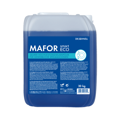 Ein 20 kg-Gebinde Dr. Schnell MAFOR smart ECO der DR.SCHNELL GmbH & Co. KGaA, einem umweltfreundlichen blauen Klarspüler für gewerbliche Geschirrspüler, ist auf dem blauen Etikett mit Produktinformationen und Hinweisen in deutscher Sprache versehen.