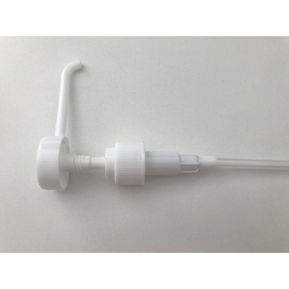 Der Dr. Schnell Dispenser der DR.SCHNELL GmbH & Co. KGaA ist ein weißer Dosierhilfen-Spender aus Kunststoff mit langem Schlauch, geripptem Kragen und gebogener Düse, ideal zum Dosieren von Reinigungsmitteln. Abgebildet auf einfarbig weißem Hintergrund.