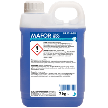 Ein 2 kg Kunststoffbehälter Dr. Schnell MAFOR smart ECO der DR.SCHNELL GmbH & Co. KGaA, mit blauer Flüssigkeit, einem Henkel, Warnaufkleber und Gefahrensymbol auf der Vorderseite.