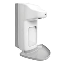 O dispensador de plástico sem toque Dr. Schumacher de 500ml da Dr. Schumacher GmbH é um dispensador branco controlado por sensor com design vertical e bandeja inferior para recolher a água, ilustrado sobre um fundo branco simples.