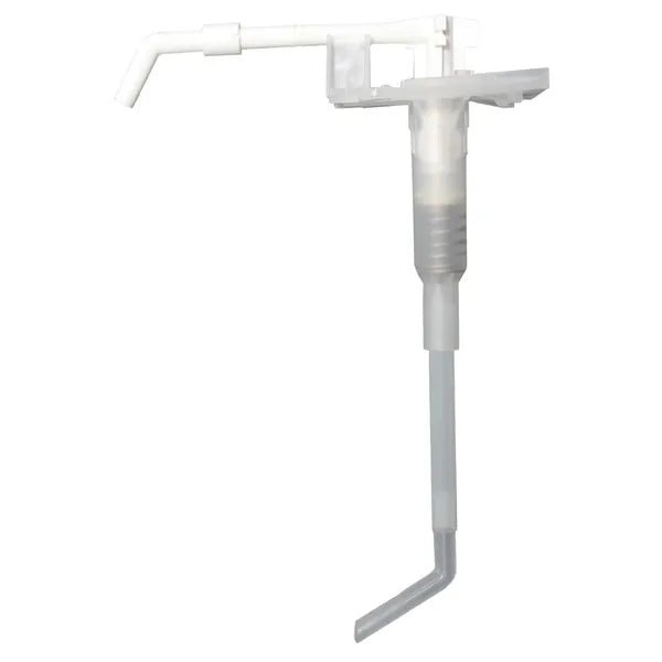 A bomba de plástico Dr. Schumacher da Dr. Schumacher GmbH é uma bomba dispensadora branca e robusta com uma mangueira longa e angulada e um bico horizontal - ideal para a distribuição de líquidos de grandes recipientes.