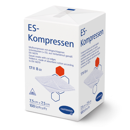 Uma caixa branca com a inscrição "Compressas ES da Hartmann de vários tamanhos, não estéreis" da Paul Hartmann AG exibe uma informação do produto em língua alemã, as medidas 7,5 x 7,5 cm, 100 unidades, uma imagem de compressas de gaze para o tratamento de feridas e o logotipo da Hartmann na parte inferior.