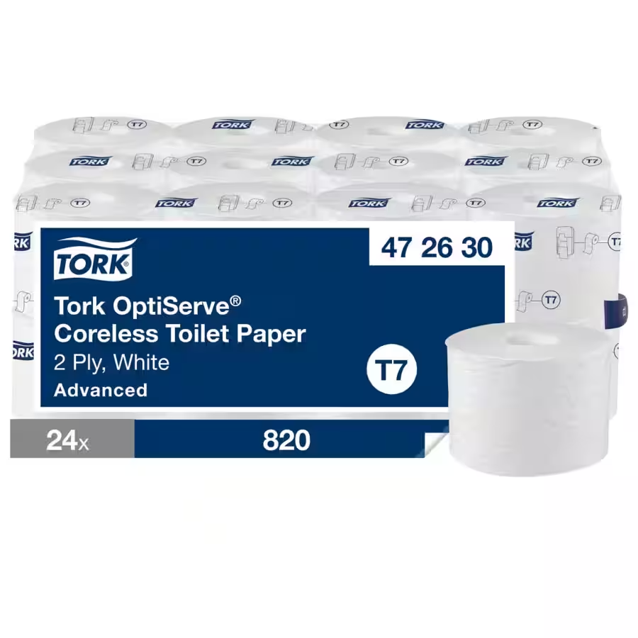 Papel higiênico sem núcleo Tork OptiServe, 2 camadas, branco, sistema T7, 24 rolos de 820 folhas