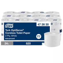 Papel higiênico sem núcleo Tork OptiServe, 2 camadas, branco, sistema T7, 24 rolos de 820 folhas
