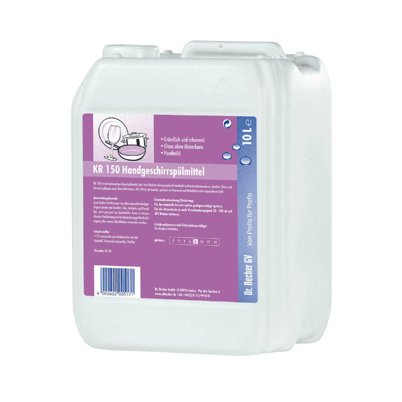 Um recipiente de 10 litros de plástico branco com a inscrição "Dr. Becher KR 150 detergente manual para louça" com detalhes em violeta e texto, bem como instruções de uso e um código de barras no rótulo.