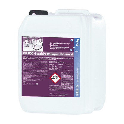 Um grande recipiente de plástico branco com um rótulo violeta e branco com instruções e um símbolo de perigo, identificado para o produto de limpeza Dr. Becher KR 900 Detergente para Loiça Universal.