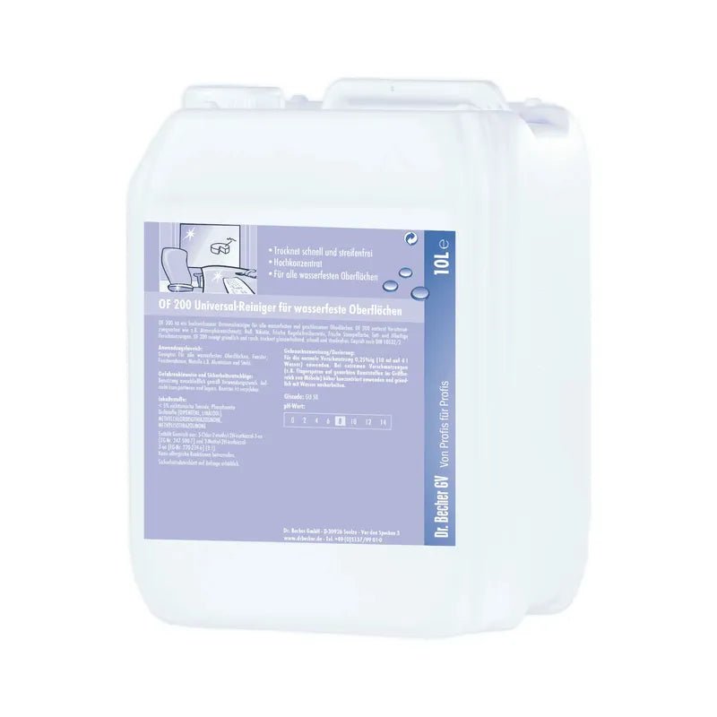 Um recipiente de plástico branco para Dr. Becher OF 200 Limpeza Universal para superfícies resistentes à água com um rótulo que contém instruções de uso e avisos de segurança em alemão. O recipiente tem uma alça para facilitar o transporte.