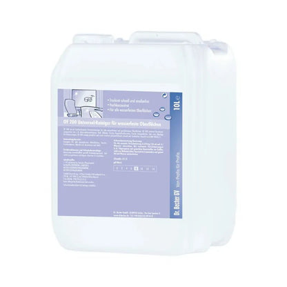 Um recipiente de plástico branco para Dr. Becher OF 200 Limpeza Universal para superfícies resistentes à água com um rótulo que contém instruções de uso e avisos de segurança em alemão. O recipiente tem uma alça para facilitar o transporte.