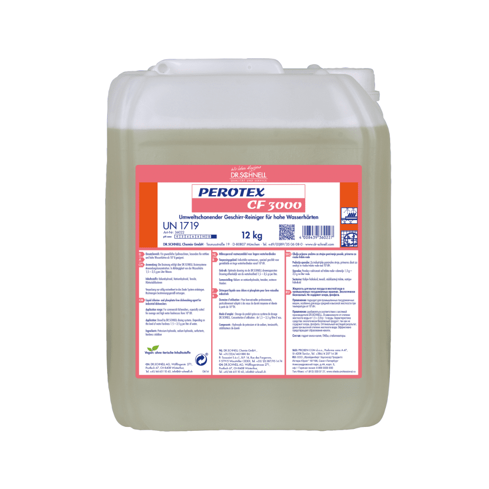 Um recipiente de plástico transparente de 12 kg com alça, preenchido com Dr. Schnell detergente para louça Perotex CF 3000 da DR.SCHNELL GmbH & Co. KGaA. O rótulo branco e vermelho exibe informações do produto em azul e instruções de uso para água dura.