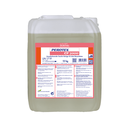 Um recipiente de plástico transparente de 12 kg com alça, preenchido com Dr. Schnell detergente para louça Perotex CF 3000 da DR.SCHNELL GmbH & Co. KGaA. O rótulo branco e vermelho exibe informações do produto em azul e instruções de uso para água dura.