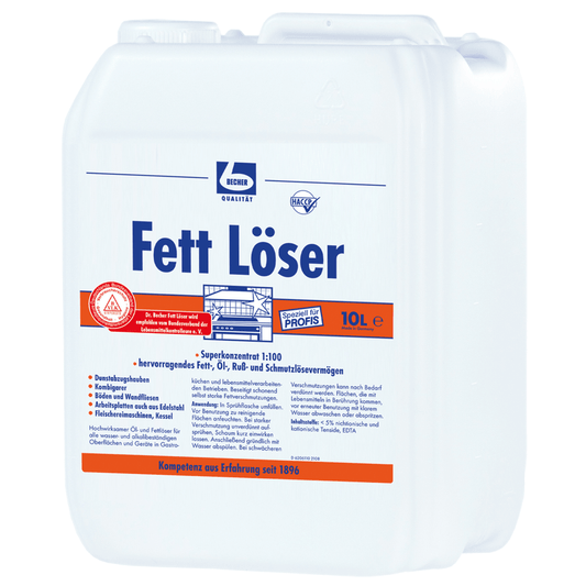 Balde de plástico branco com a inscrição «Dr. Becher «Dissolvente de gordura», informações sobre o produto e logótipos em azul e vermelho. Capacidade indicada como sendo de 10 litros. Instruções de segurança e de utilização.