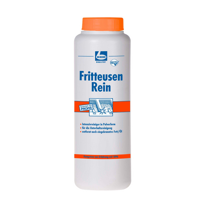 Uma garrafa de plástico branca com tampa laranja com a inscrição "Dr. Becher Fritteusen Rei, Pulver" da Dr. Becher GmbH com gráfico azul-laranja como limpador intensivo profissional em pó para fritadeiras para remover gordura queimada.