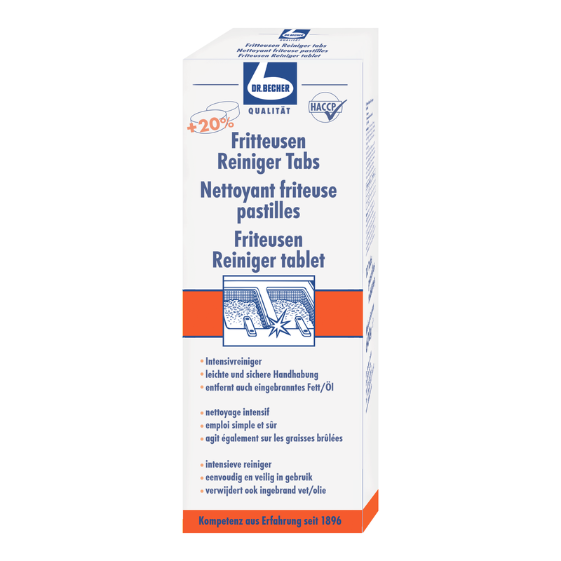 Uma caixa de Dr. Becher pastilhas de limpeza para fritadeiras para limpar fritadeiras, com informações em alemão que mostram uma quantidade 20% maior. A embalagem é branca e azul e traz um texto da Dr. Becher GmbH.
