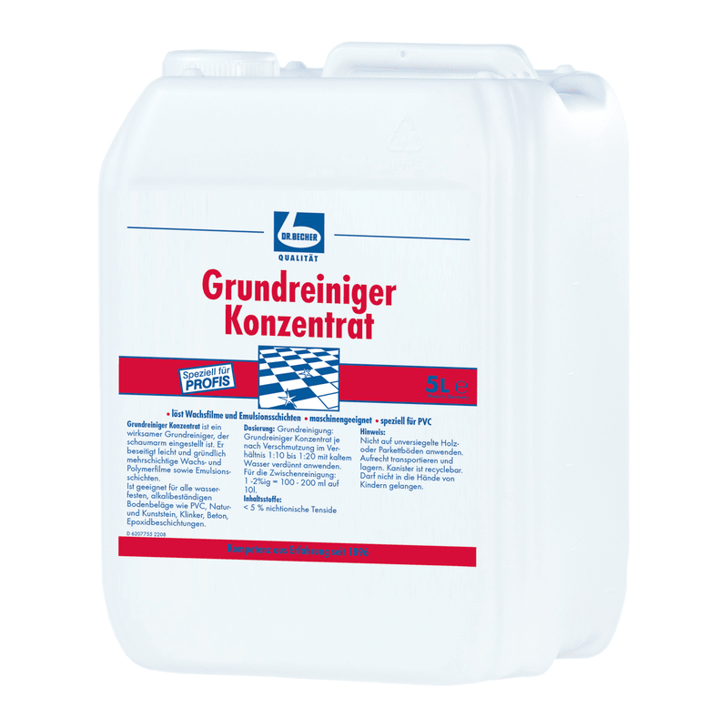 Um recipiente de 5 litros de „Dr. Becher Grundreiniger Konzentrat“ da Dr. Becher GmbH representa uma solução eficaz de agente de limpeza. O rótulo adornado com texto azul e vermelho contém instruções importantes de uso e informações de segurança para diferentes tipos de pavimentos.
