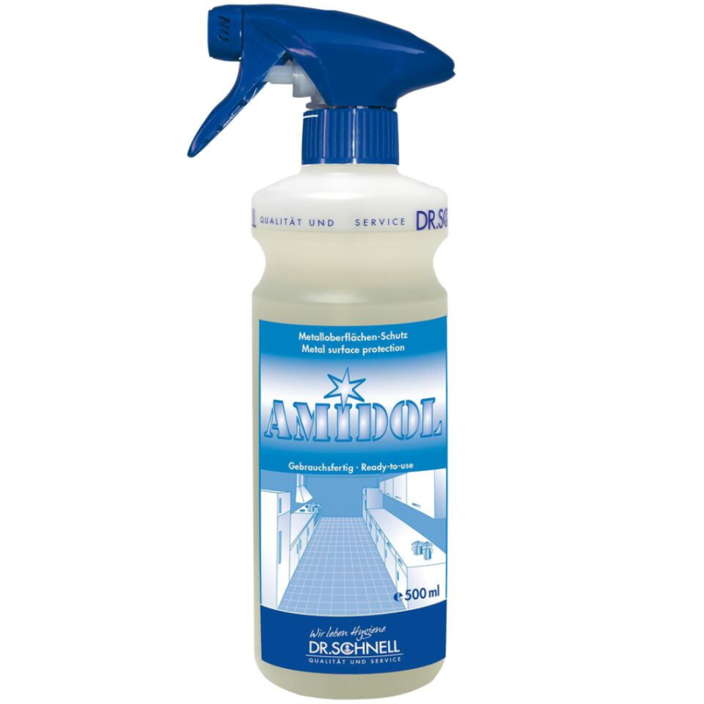 A garrafa de spray de 500 ml Dr. Schnell AMIDOL Proteção de Superfície Metálica da DR.SCHNELL GmbH & Co. KGaA na embalagem azul e branca com a imagem de um corredor limpo é ideal para superfícies de aço inoxidável e proporciona proteção ideal para superfícies metálicas.