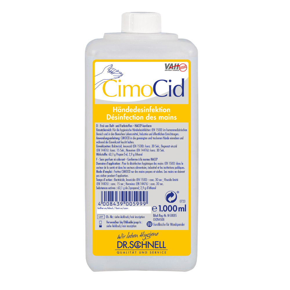 O Dr. Schnell CIMOCID Desinfetante para as Mãos Alcoólico da DR.SCHNELL GmbH & Co. KGaA está disponível em uma garrafa de 1000 ml com rótulo amarelo, que exibe o nome da marca e um símbolo de mão. Contém instruções claras em alemão e francês para uma higiene eficaz das mãos.