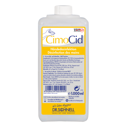 O Dr. Schnell CIMOCID Desinfetante para as Mãos Alcoólico da DR.SCHNELL GmbH & Co. KGaA está disponível em uma garrafa de 1000 ml com rótulo amarelo, que exibe o nome da marca e um símbolo de mão. Contém instruções claras em alemão e francês para uma higiene eficaz das mãos.
