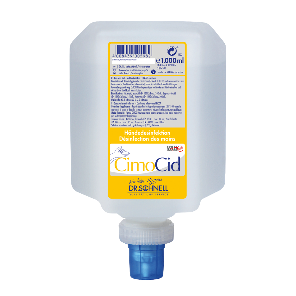 Uma garrafa retangular de plástico translúcido da DR.SCHNELL GmbH & Co. KGaA com a inscrição "Dr. Schnell CIMOCID Desinfetante para as Mãos Alcoólico" e uma tampa azul na base contém 1000 ml de desinfetante para as mãos. O rótulo contém instruções multilíngues e informações do produto para desinfecção higiênica.