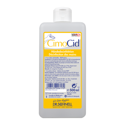 Uma garrafa de 500 ml de Dr. Schnell CIMOCID Desinfetante para as Mãos Alcoólico possui um rótulo amarelo com texto em alemão e francês, contendo instruções para desinfecção higiênica das mãos. A garrafa está equipada com uma tampa dobrável branca e possui um código de barras no canto inferior esquerdo para acesso conveniente aos detalhes do produto, fabricado por DR.SCHNELL GmbH & Co. KGaA.