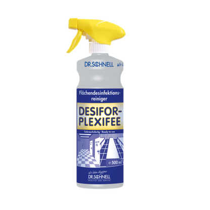 Um frasco pulverizador azul e branco com gatilho amarelo, rotulado com "Dr. Schnell Desifor PlexiFee Desinfetante de Superfícies, virucida limitado PLUS" da DR.SCHNELL GmbH & Co. KGaA, com gráfico geométrico para desinfecção de superfícies.
