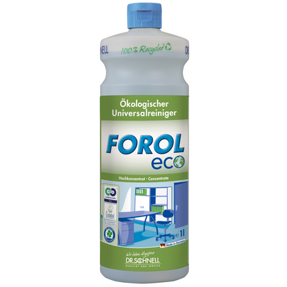 A garrafa de 1 litro do Dr. Schnell Forol ECO detergente universal ecológico, com design ecológico em verde-azul, é identificada como um detergente universal ecológico. Fabricada pela DR.SCHNELL GmbH & Co. KGaA com tecnologia de dosagem inovadora, esta garrafa de 1 litro é feita de 100% material reciclado e é ideal para a limpeza de superfícies resistentes à água.