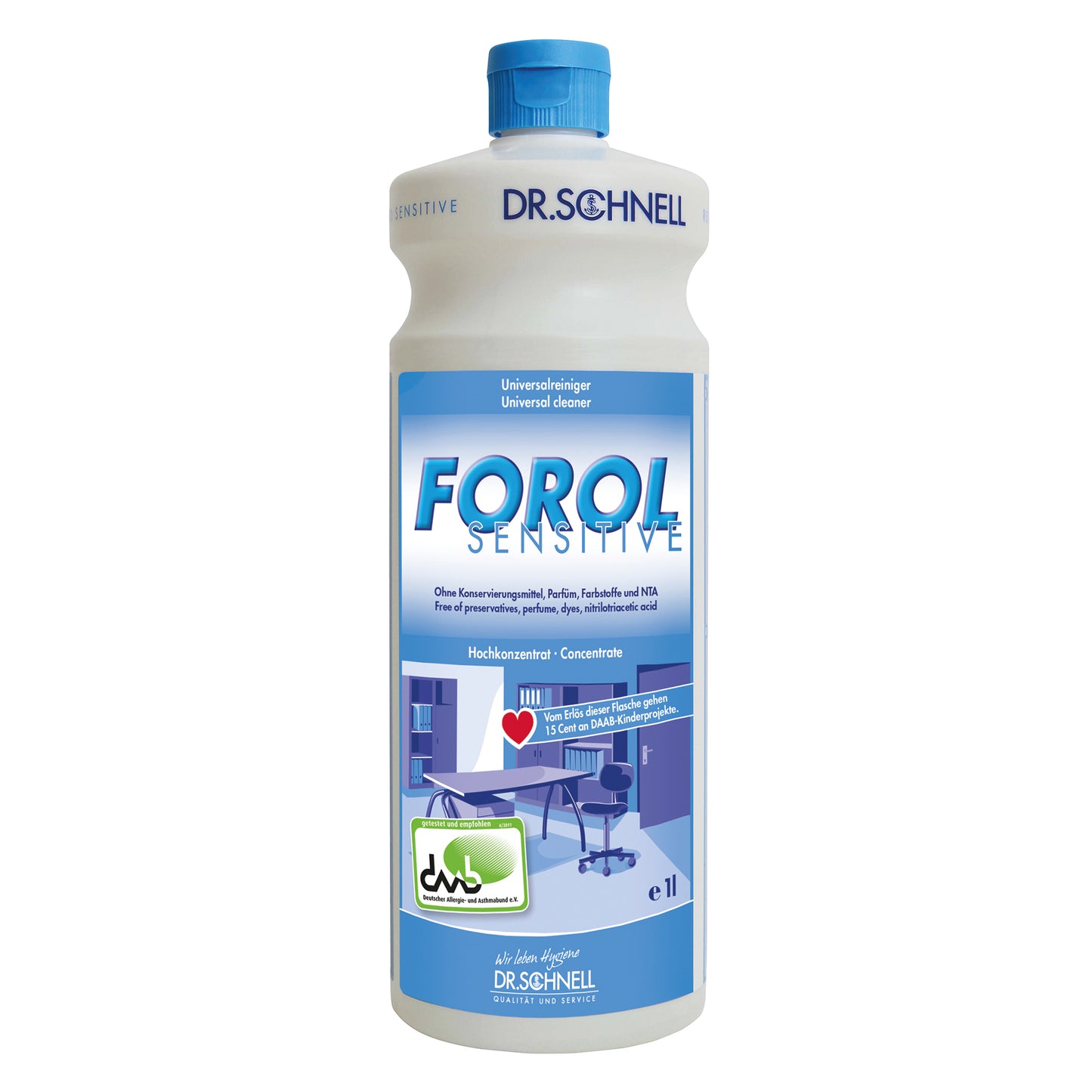 Dr. Schnell Forol Sensitive Universalreiniger, garrafa de 1 litro da DR.SCHNELL GmbH & Co. KGaA, sem fragrâncias e corantes - ideal para a limpeza de superfícies em diversas áreas.