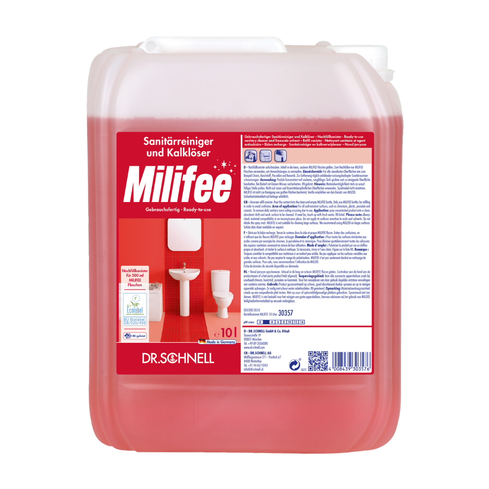 Um grande recipiente vermelho com Dr. Schnell Milifee detergente sanitário pronto a usar, fabricado pela DR.SCHNELL GmbH & Co. KGaA. O rótulo contém texto em alemão e inclui informações sobre o produto, instruções de uso e um código QR. Além disso, é visível no rótulo uma imagem de uma sanita e uma escova para destacar a certificação do rótulo ecológico da UE.