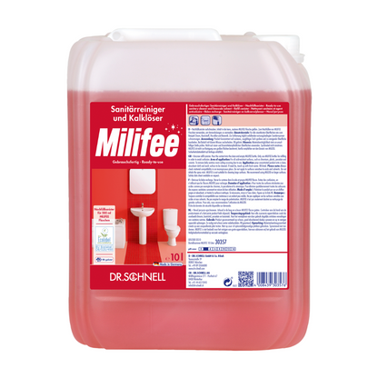 Um grande recipiente vermelho com Dr. Schnell Milifee detergente sanitário pronto a usar, fabricado pela DR.SCHNELL GmbH & Co. KGaA. O rótulo contém texto em alemão e inclui informações sobre o produto, instruções de uso e um código QR. Além disso, é visível no rótulo uma imagem de uma sanita e uma escova para destacar a certificação do rótulo ecológico da UE.