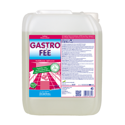 Um grande recipiente de plástico com a inscrição "Dr. Schnell GastroFee Removedor de Óleo e Gordura, pronto para uso" da DR.SCHNELL GmbH & Co. KGaA apresenta informações detalhadas do produto e instruções de uso. O rótulo enfatiza a capacidade de dissolução de gordura com gráficos de uma cozinha industrial, símbolos de segurança, padrões de certificação e adequação para superfícies resistentes a álcalis.