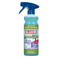 Uma garrafa de spray de 500 ml com Dr. Schnell GlasFee Eco da DR.SCHNELL GmbH & Co. KGaA garante uma limpeza sem resíduos. A garrafa verde com tampa de spray azul com símbolo de casa e texto em alemão destaca sua função como um limpador rápido ecológico pronto para uso para superfícies.
