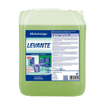 Um grande recipiente de plástico verde com a inscrição "Dr. Schnell Levante Limpa-brilho com Álcool, Concentrado" da DR.SCHNELL GmbH & Co. KGaA é utilizado para a limpeza eficaz de superfícies. O rótulo contém instruções e informações de segurança em várias línguas e possui uma alça prática para facilitar o transporte.