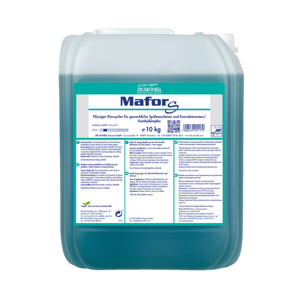 Um recipiente de 10 kg Dr. Schnell MAFOR S abrilhantador ácido para máquinas de lavar loiça industriais da DR.SCHNELL GmbH & Co. KGaA contém uma solução azul-verde visível através da embalagem translúcida. O rótulo contém informações do produto e instruções de uso em alemão e exibe orgulhosamente o rótulo ecológico da UE, confirmando suas propriedades amigas do ambiente.
