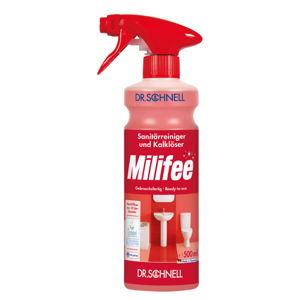 O Dr. Schnell Milifee detergente sanitário pronto a usar da DR.SCHNELL GmbH & Co. KGaA é um frasco pulverizador vermelho para limpeza desinfetante e remoção de calcário. O rótulo com imagens de lavatórios e sanitas destaca as propriedades de limpeza suaves para os materiais. Equipado com um bico pulverizador vermelho e capacidade de 500 ml, possui o rótulo ecológico da UE, garantindo assim a sua sustentabilidade ambiental.