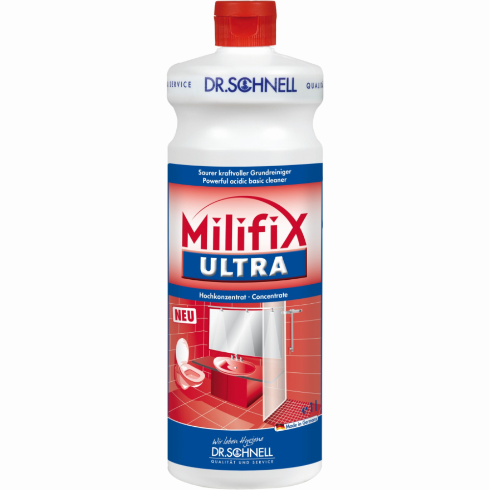 Uma garrafa Dr. Schnell Milifix ULTRA da DR.SCHNELL GmbH & Co. KGaA é um concentrado potente de limpeza sanitária, ideal para superfícies resistentes a ácidos. O rótulo descreve-o como um limpador ácido altamente concentrado, perfeito para remover depósitos minerais. A garrafa é branca com uma tampa vermelha e mostra a imagem de uma casa de banho vermelha e branca.