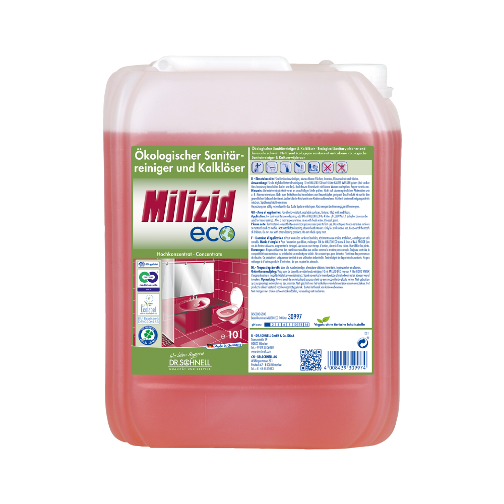 Um grande recipiente do Dr. Schnell Milizid ECO Sanitärreiniger und Kalklöser fabricado pela DR.SCHNELL GmbH & Co. KGaA traz o selo ecológico no seu rótulo. Este produto ecológico é decorado nas cores verde e vermelho, com texto em alemão e uma imagem de banheiro, e possui uma tampa branca.